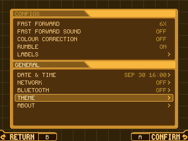 Settings again, in Amber: the window, its panels and the bottom bar in Mega Man Zero's own orange and brown