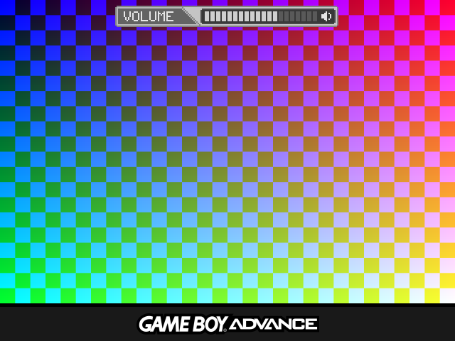 A test pattern standing in for a GBA game, filling the width of the screen over the console's body with the GAME BOY ADVANCE logo, and the VOLUME gauge over its top