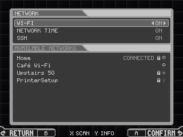 Network: Wi-Fi, Network Time and SSH all ON, and AVAILABLE NETWORKS listing Home (connected), Café Wi-Fi, Upstairs 5G and PrinterSetup with their padlocks and signal