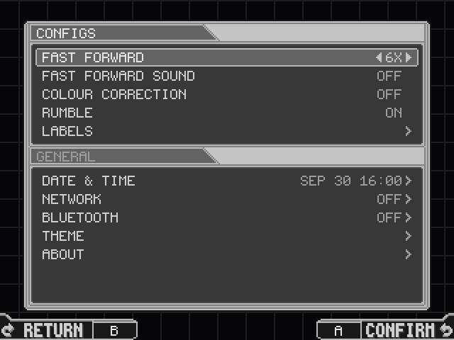Settings: a window with two panels, CONFIGS (Fast Forward 6X, Fast Forward Sound, Colour Correction, Rumble, Labels) and GENERAL (Date and Time, Network, Bluetooth, Theme, About), over the grid