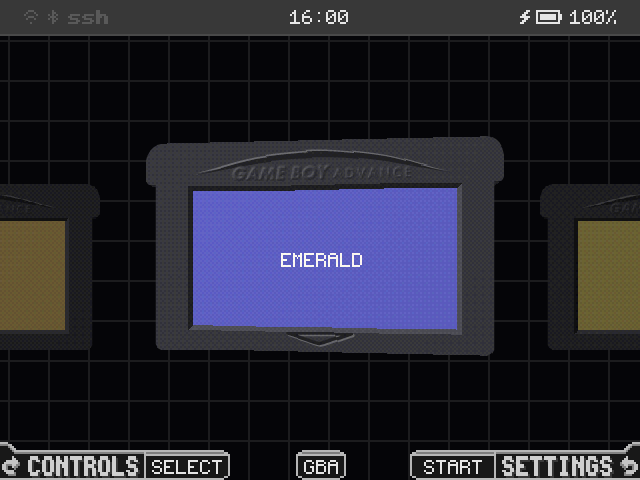 The shelf: a row of GBA carts with Emerald in the middle, the top bar with Wi-Fi, ssh, the clock and the battery, and the bottom bar with SELECT CONTROLS, a GBA pill and START SETTINGS